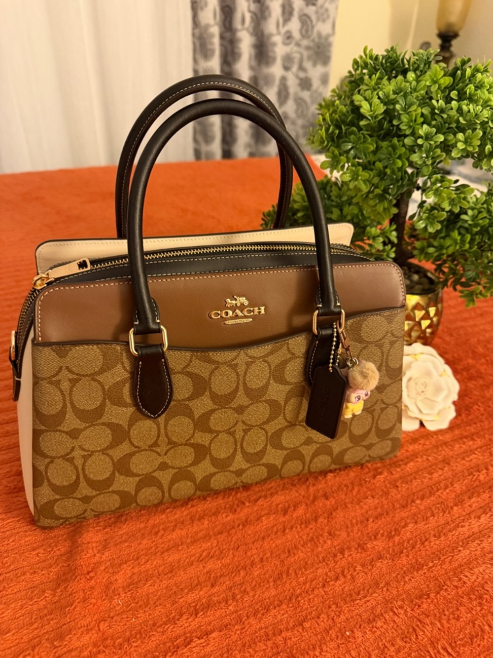 Coach Brown Signature Canvas Satchel with Black Trim - Picture 4 of 16